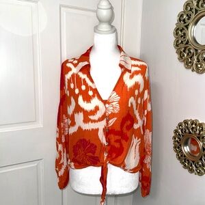 ❌❌ SOLD ❌❌ Rachel Zoe Orange White Floral Button-Up Tie Front Collared Blouse